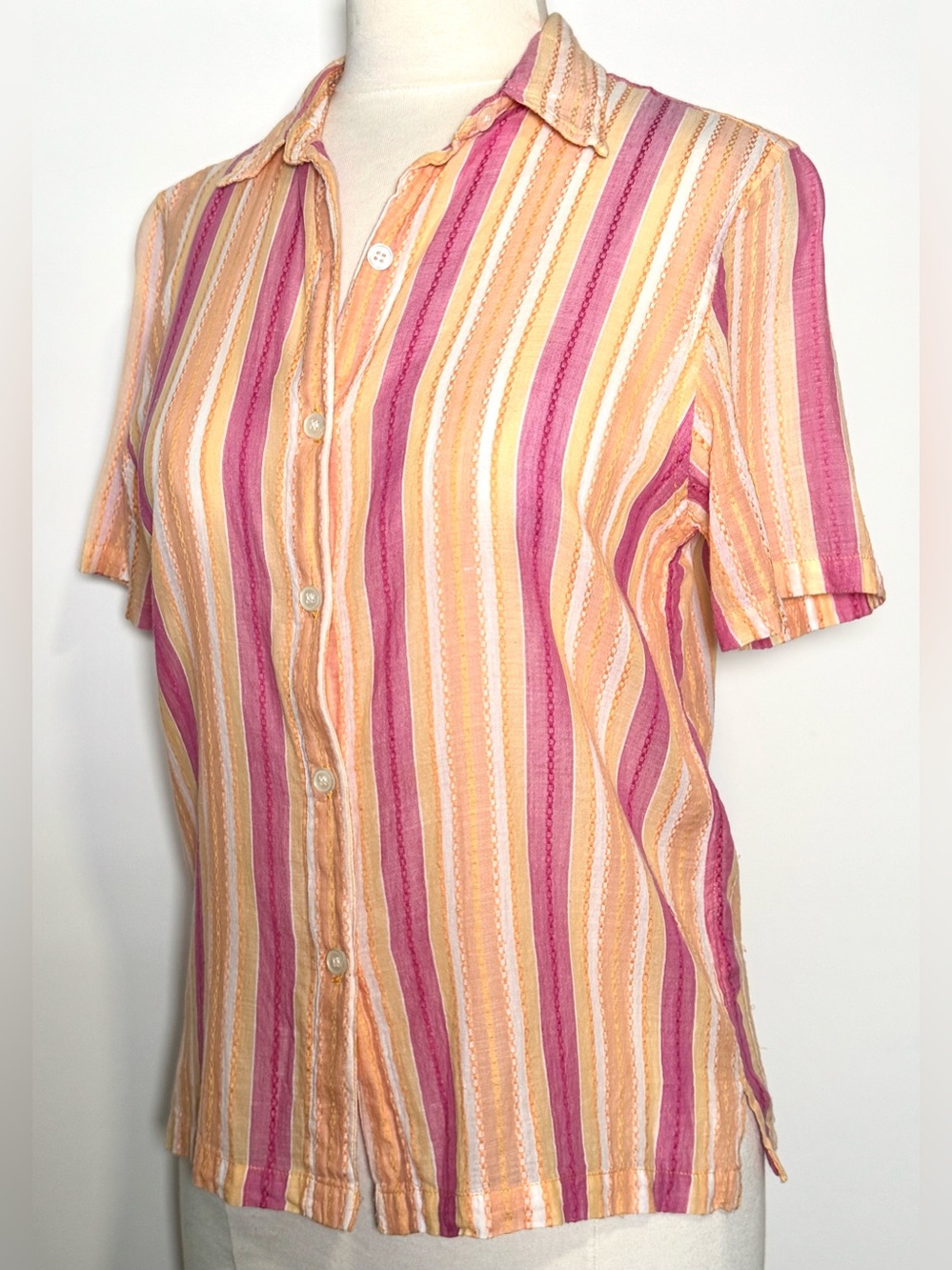 Vintage Paradise Bay S Pink Peach Stripe Gauze Short Sleeve Button Down Shirt
